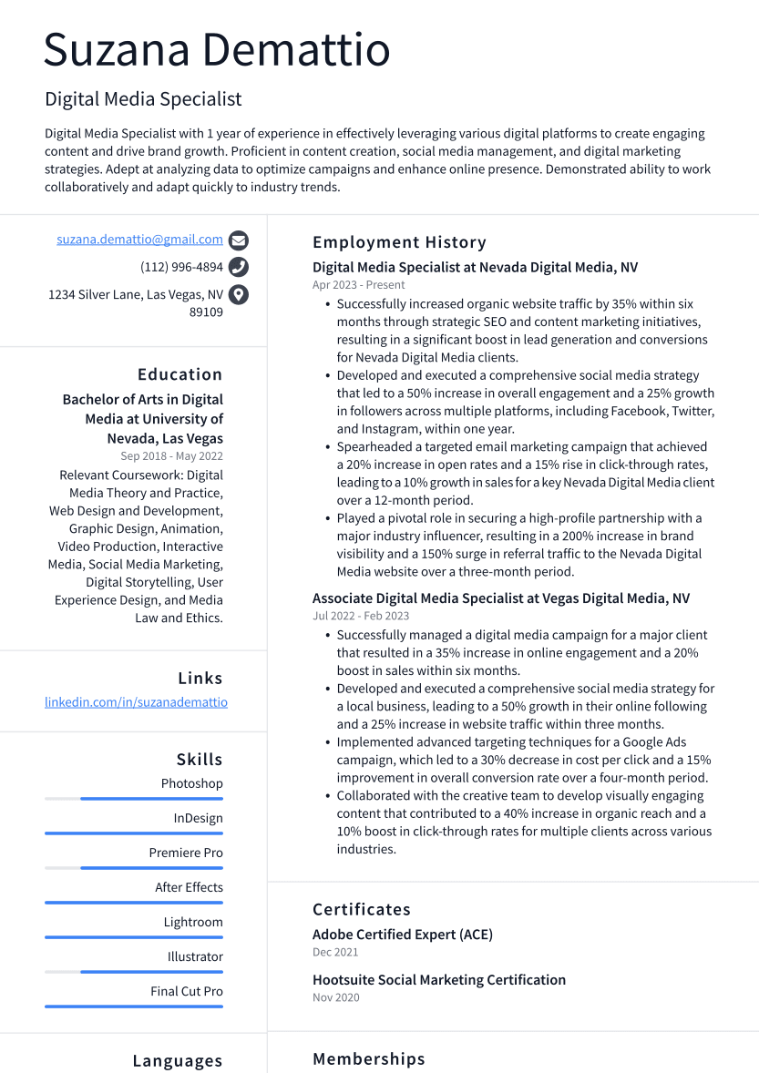 Digital Media Specialist Resume Example