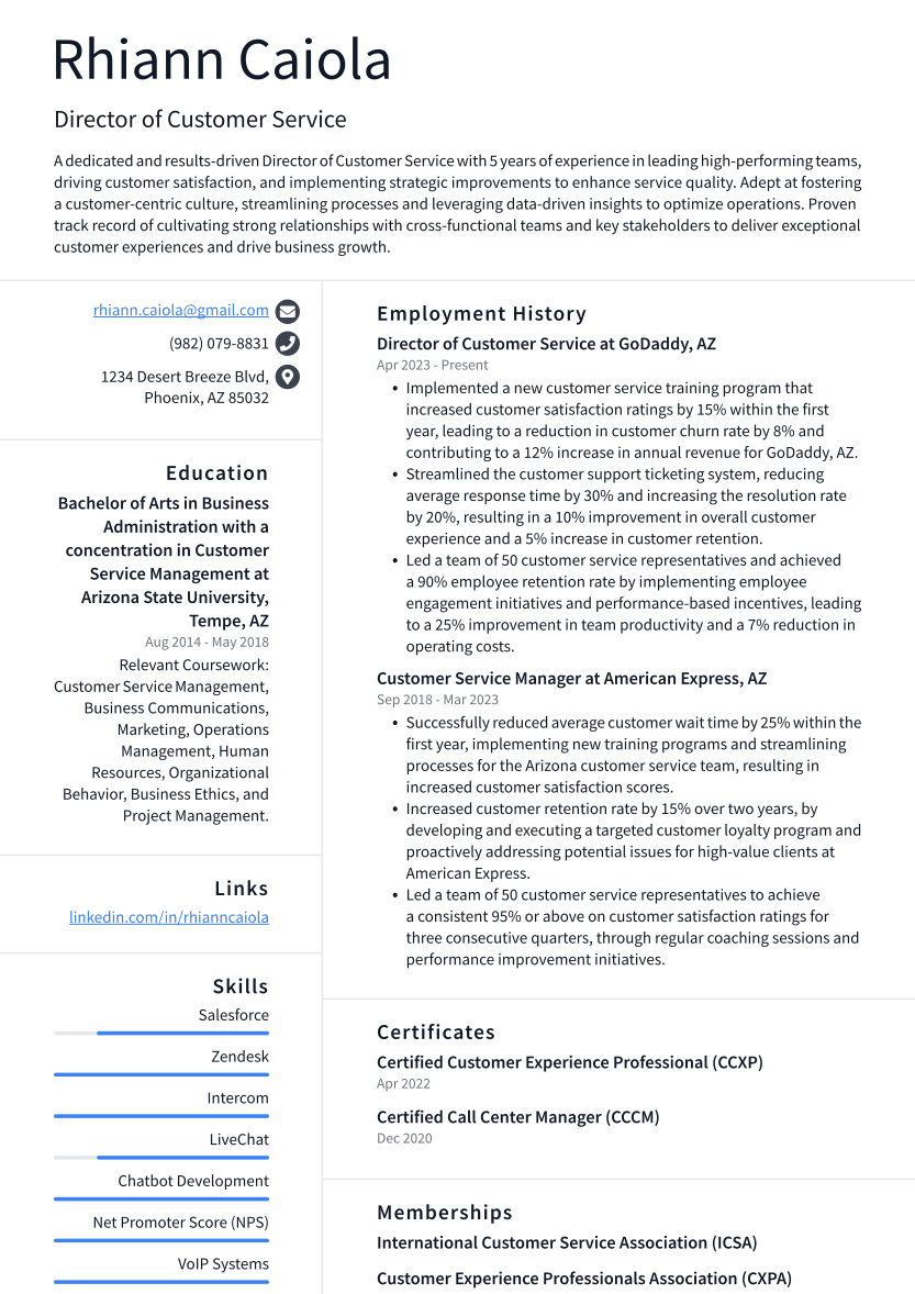 Director of Customer Service Resume Example