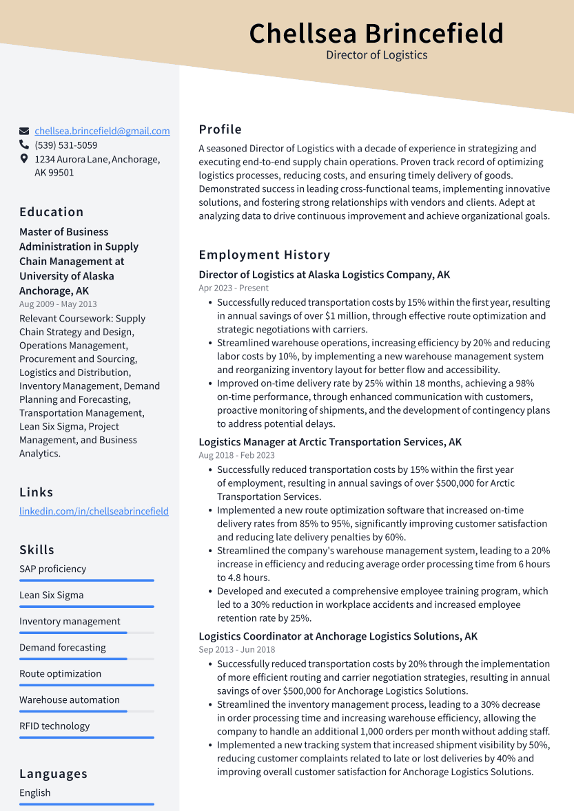 Director of Logistics Resume Example