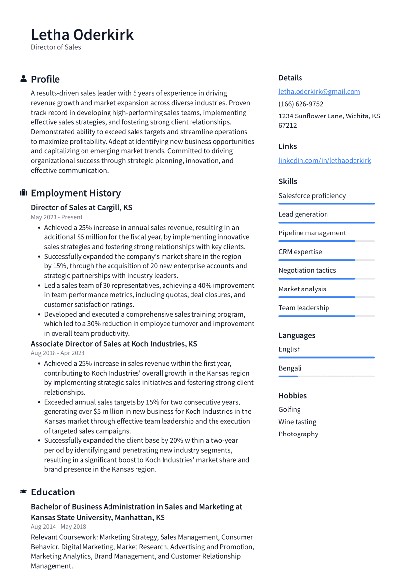 Director of Sales Resume Example