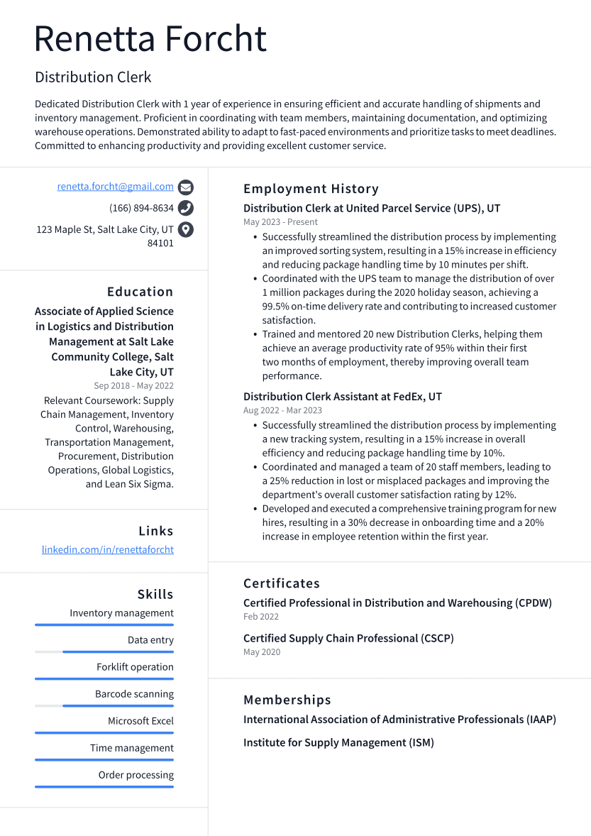 Distribution Clerk Resume Example
