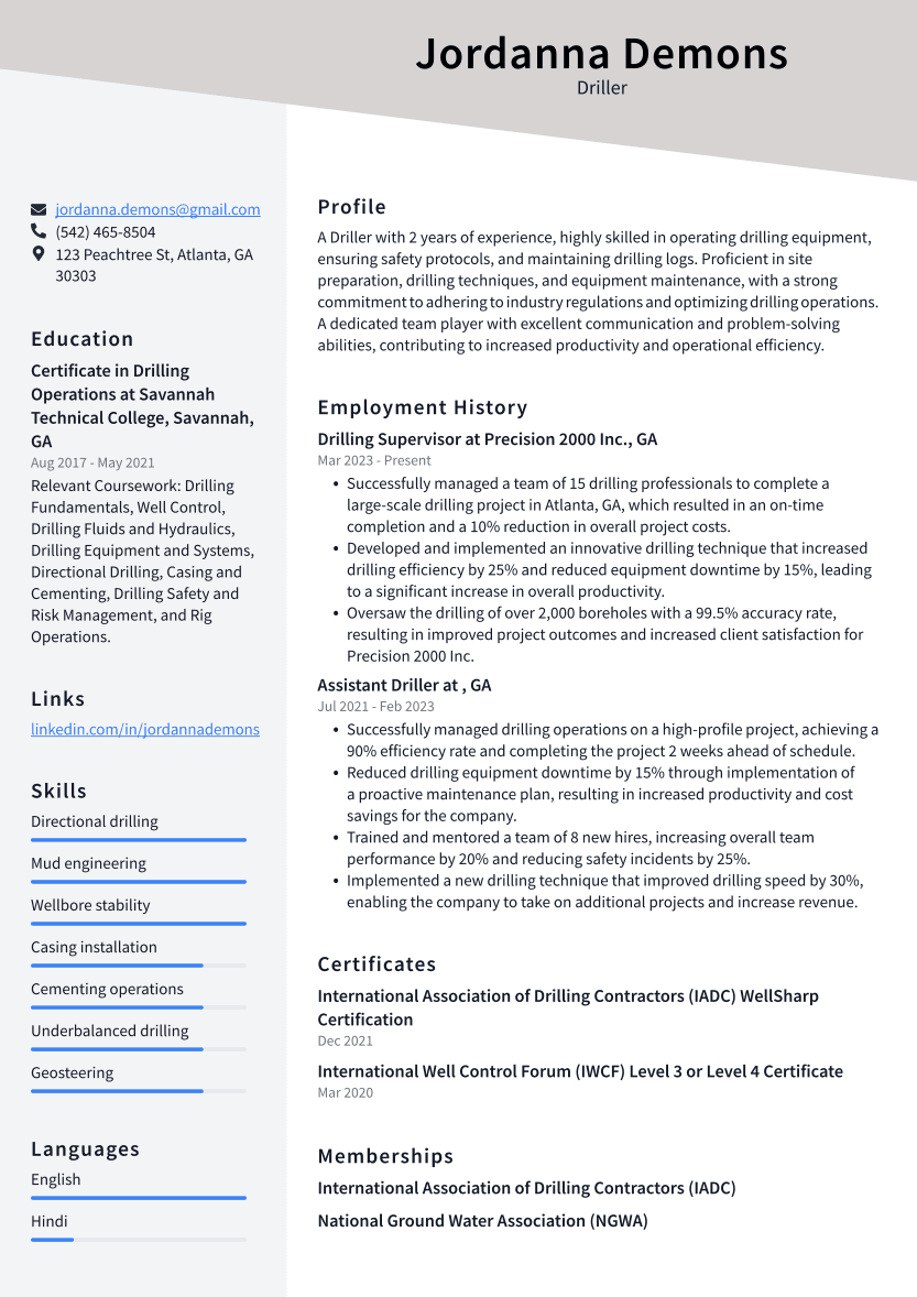 Driller Resume Example