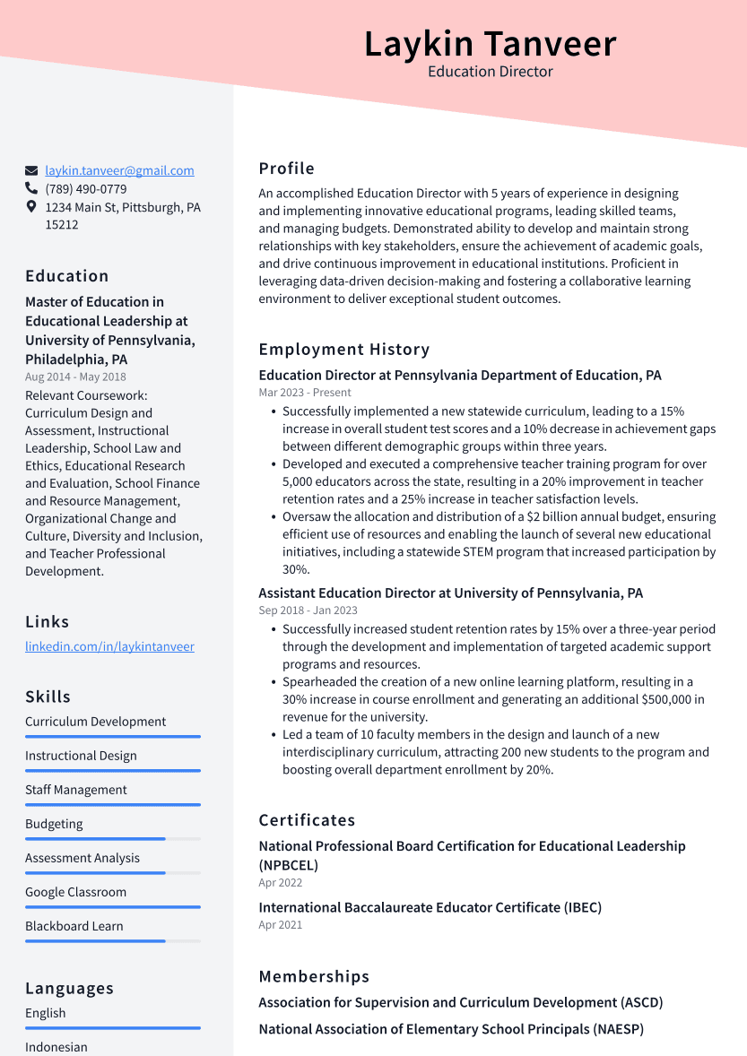 Education Director Resume Example
