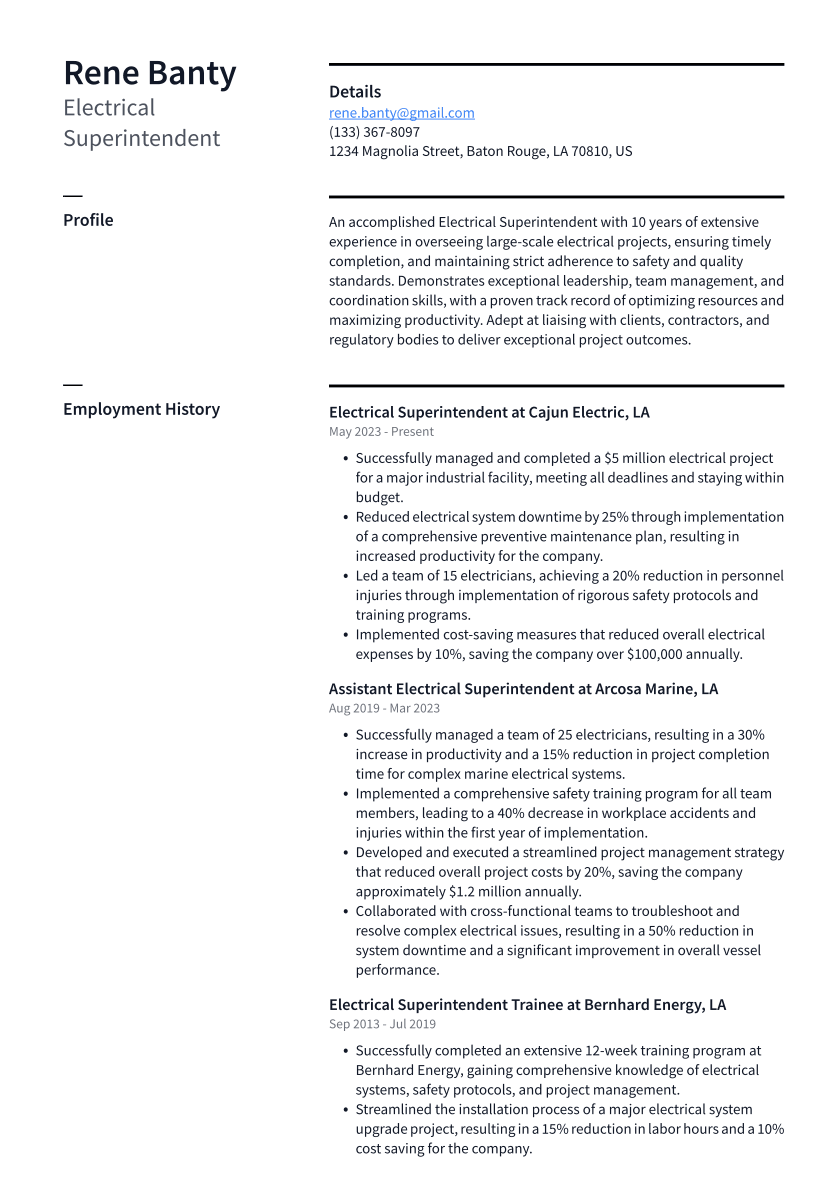 Electrical Superintendent Resume Example