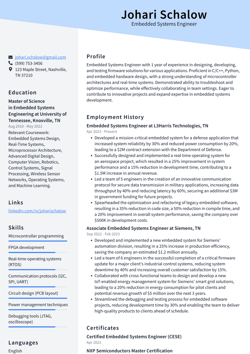 Embedded Systems Engineer Resume Example
