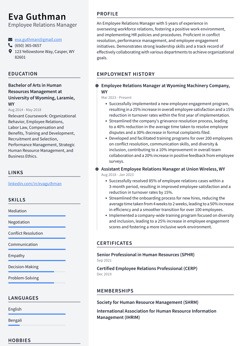 Employee Relations Manager Resume Example