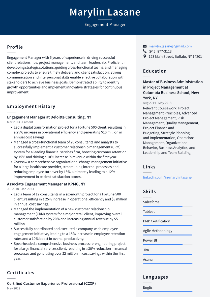Engagement Manager Resume Example