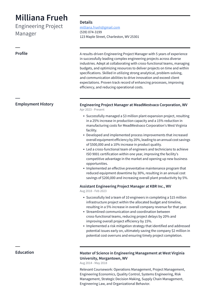 Engineering Project Manager Resume Example