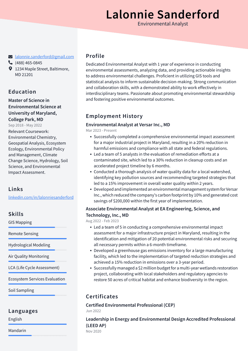 Environmental Analyst Resume Example