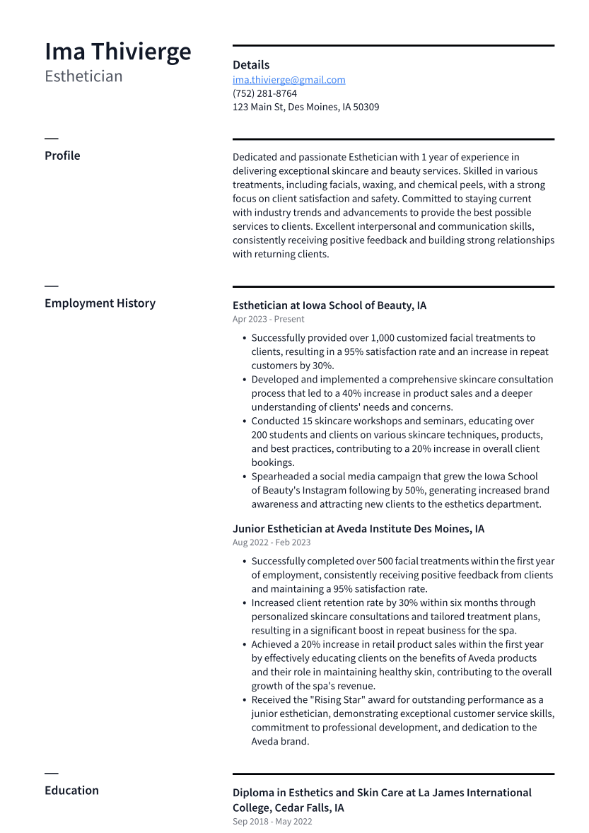 Esthetician Resume Example