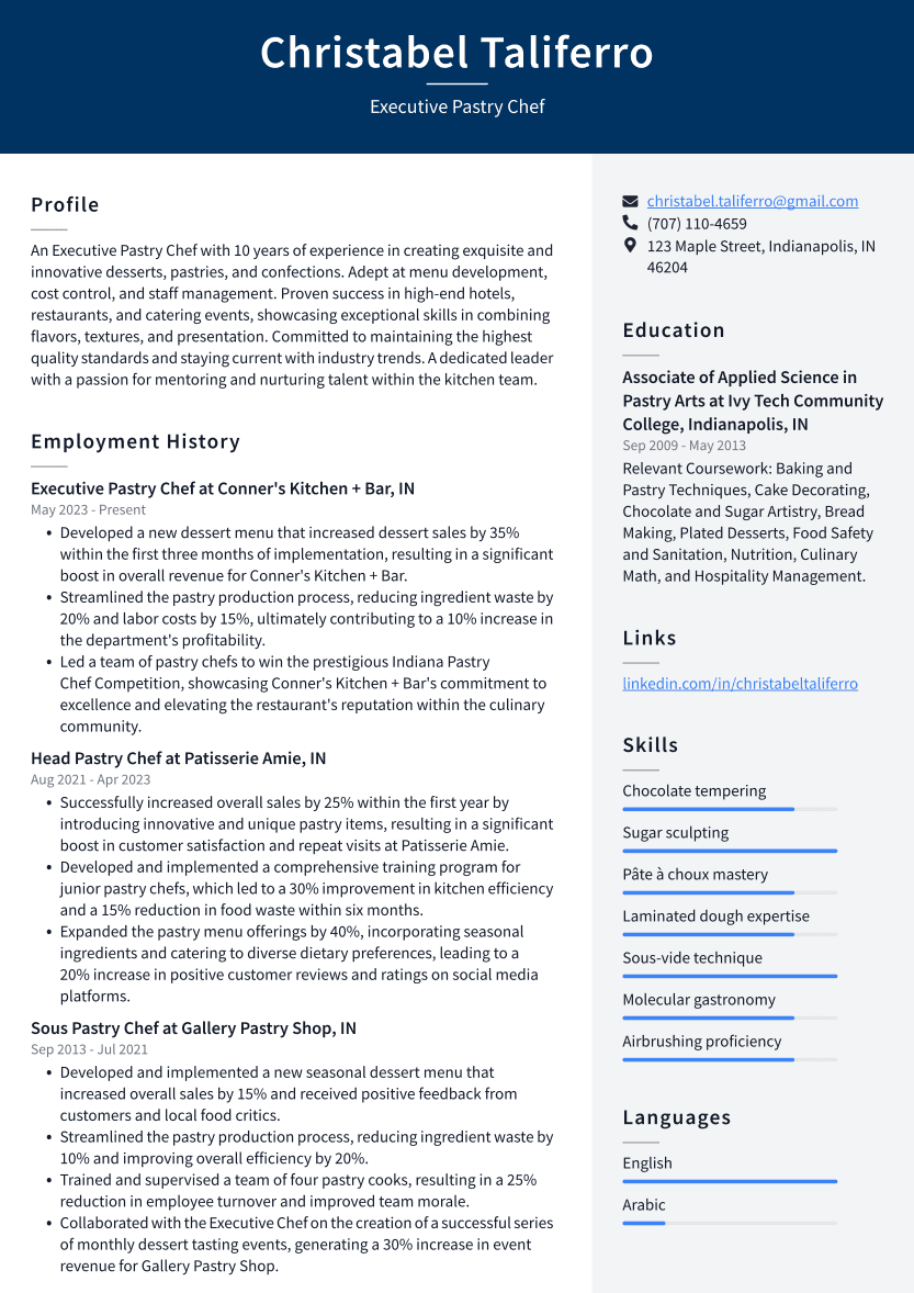 Top 18 Executive Pastry Chef Resume Objective Examples