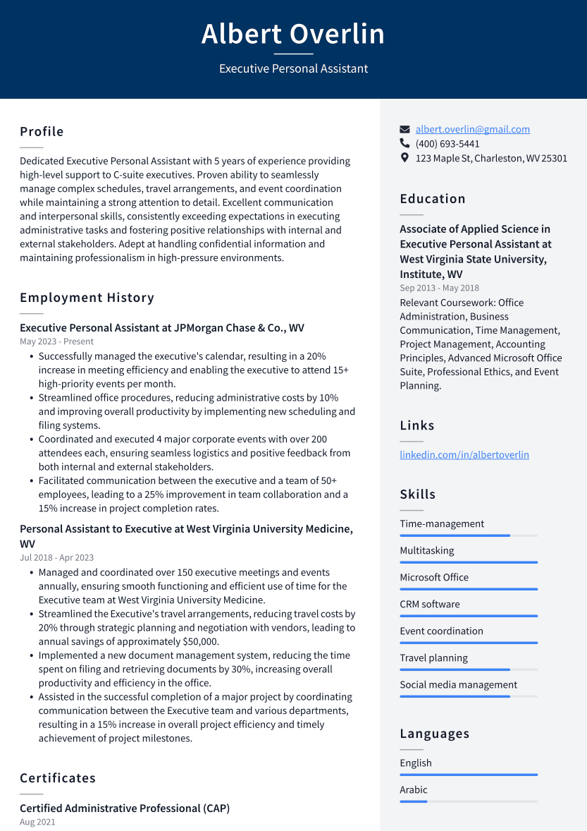 Executive Personal Assistant Resume Example