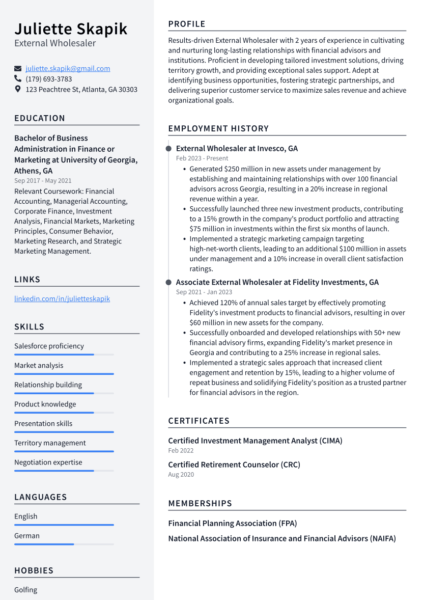 External Wholesaler Resume Example