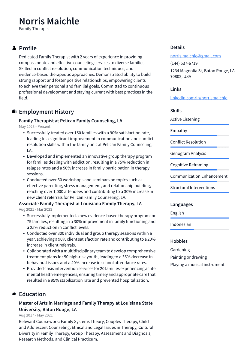 Family Therapist Resume Example