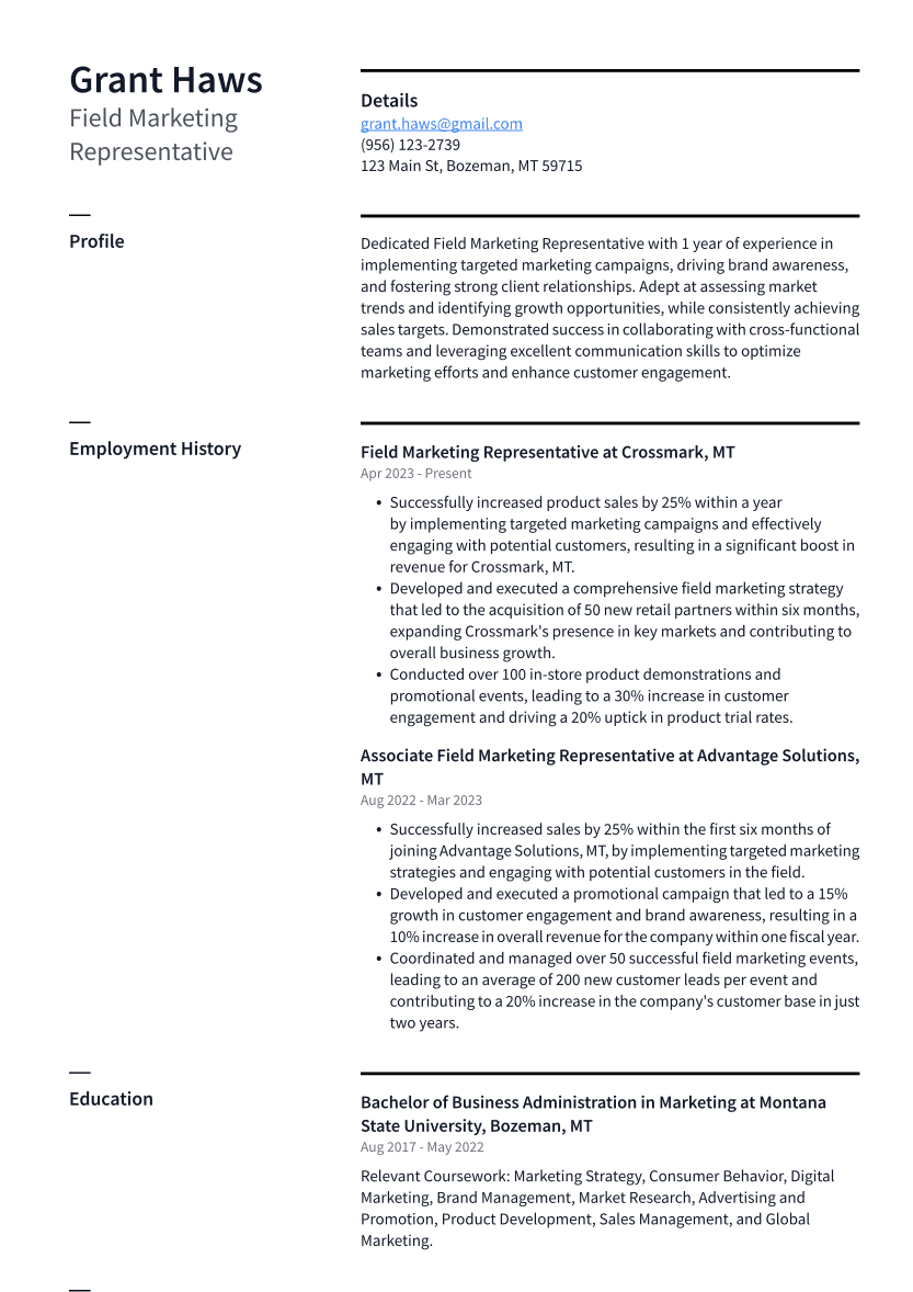 Field Marketing Representative Resume Example