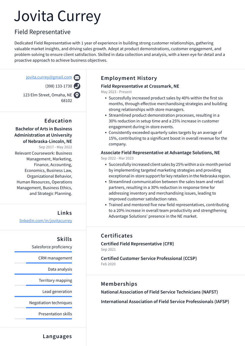 Field Representative Resume Example