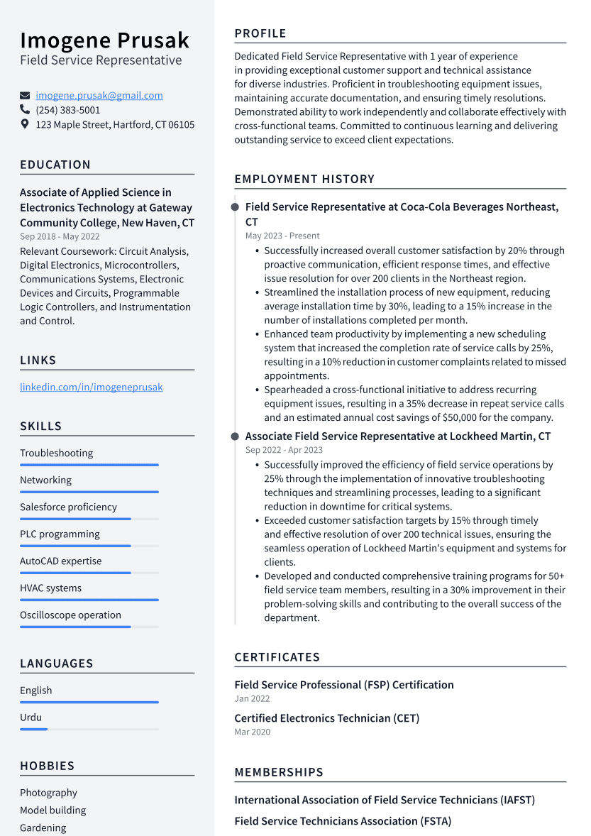 Field Service Representative Resume Example