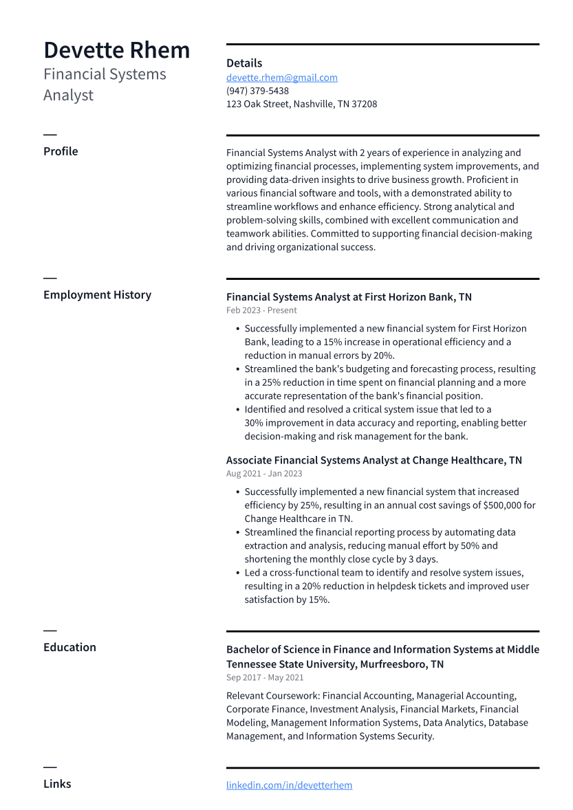 Financial Systems Analyst Resume Example