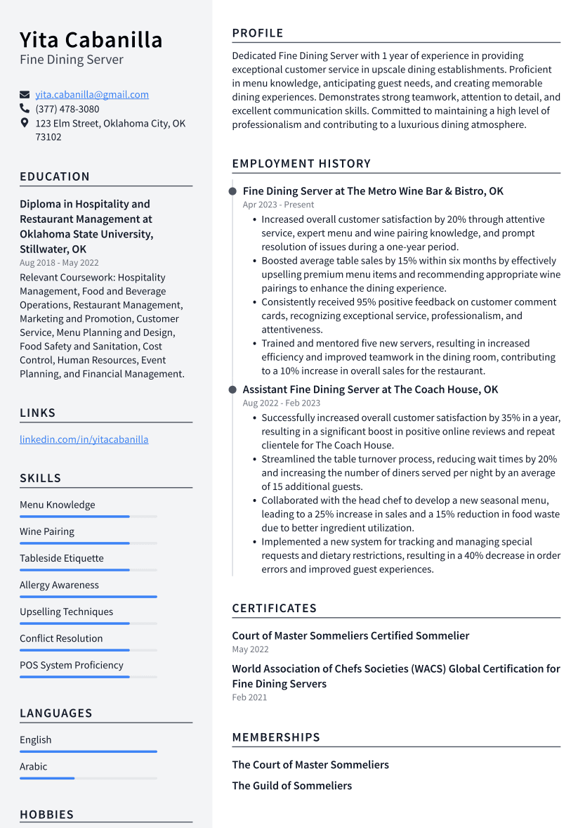 Fine Dining Server Resume Examples And Templates ResumeCat