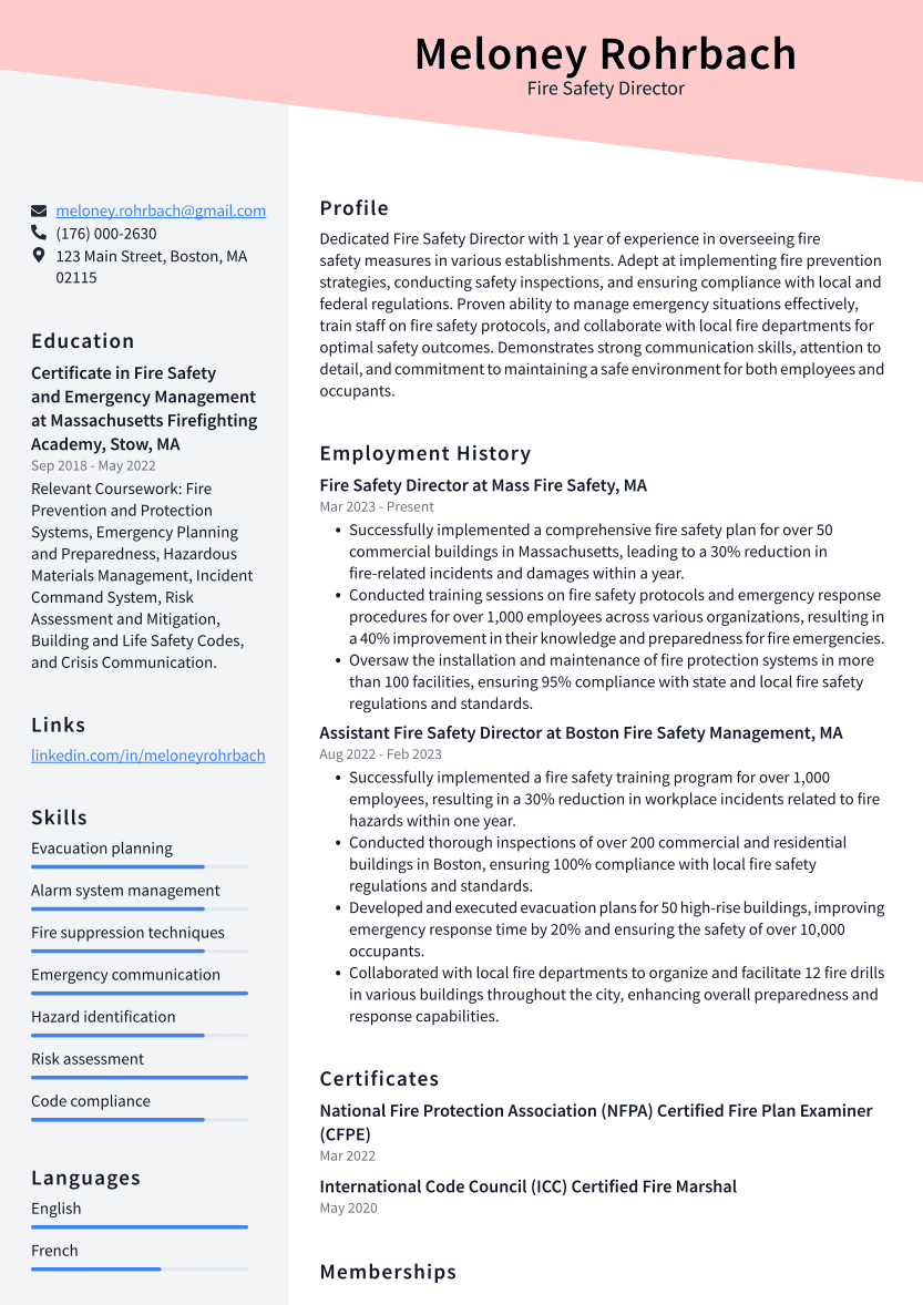 Fire Safety Director Resume Example