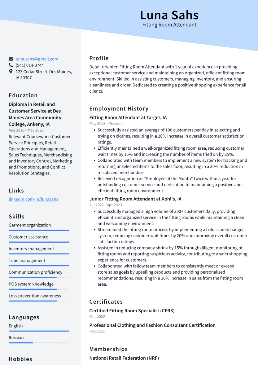 Fitting Room Attendant Resume Example