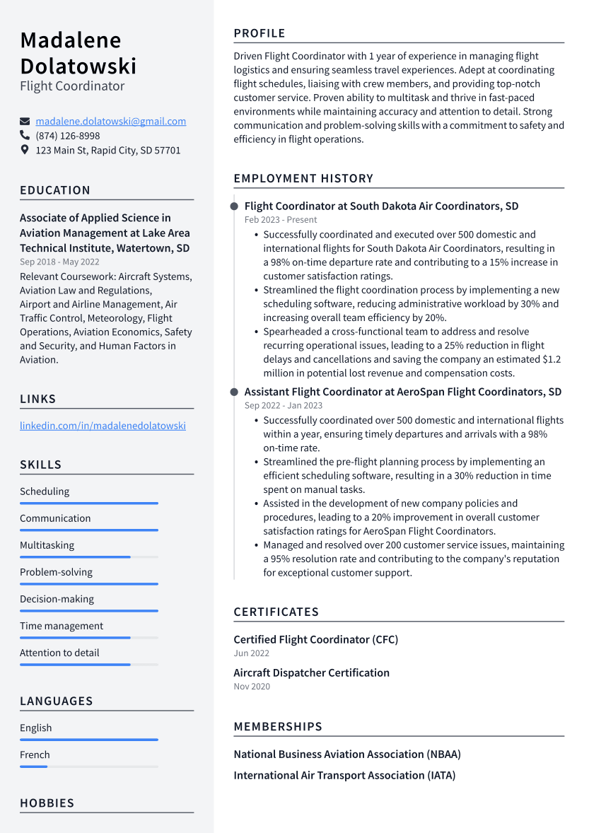 Flight Coordinator Resume Example