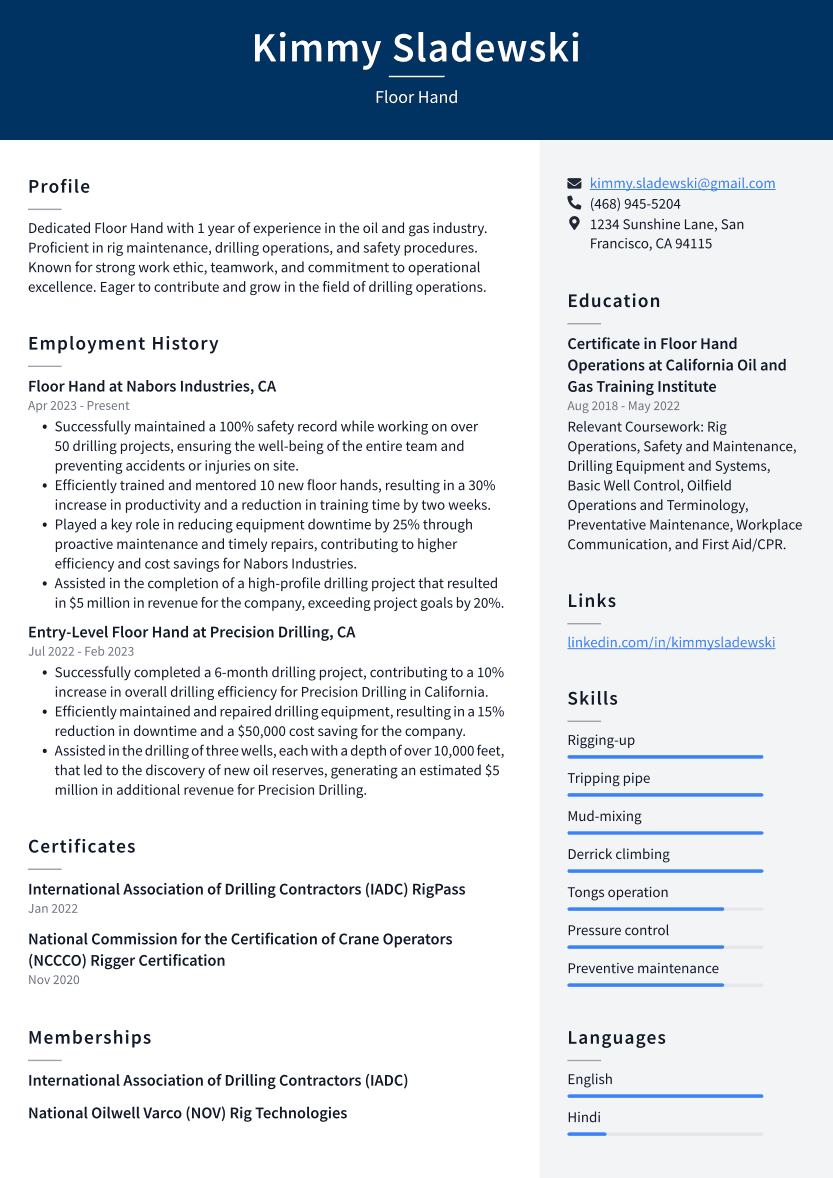 Floor Hand Resume Example