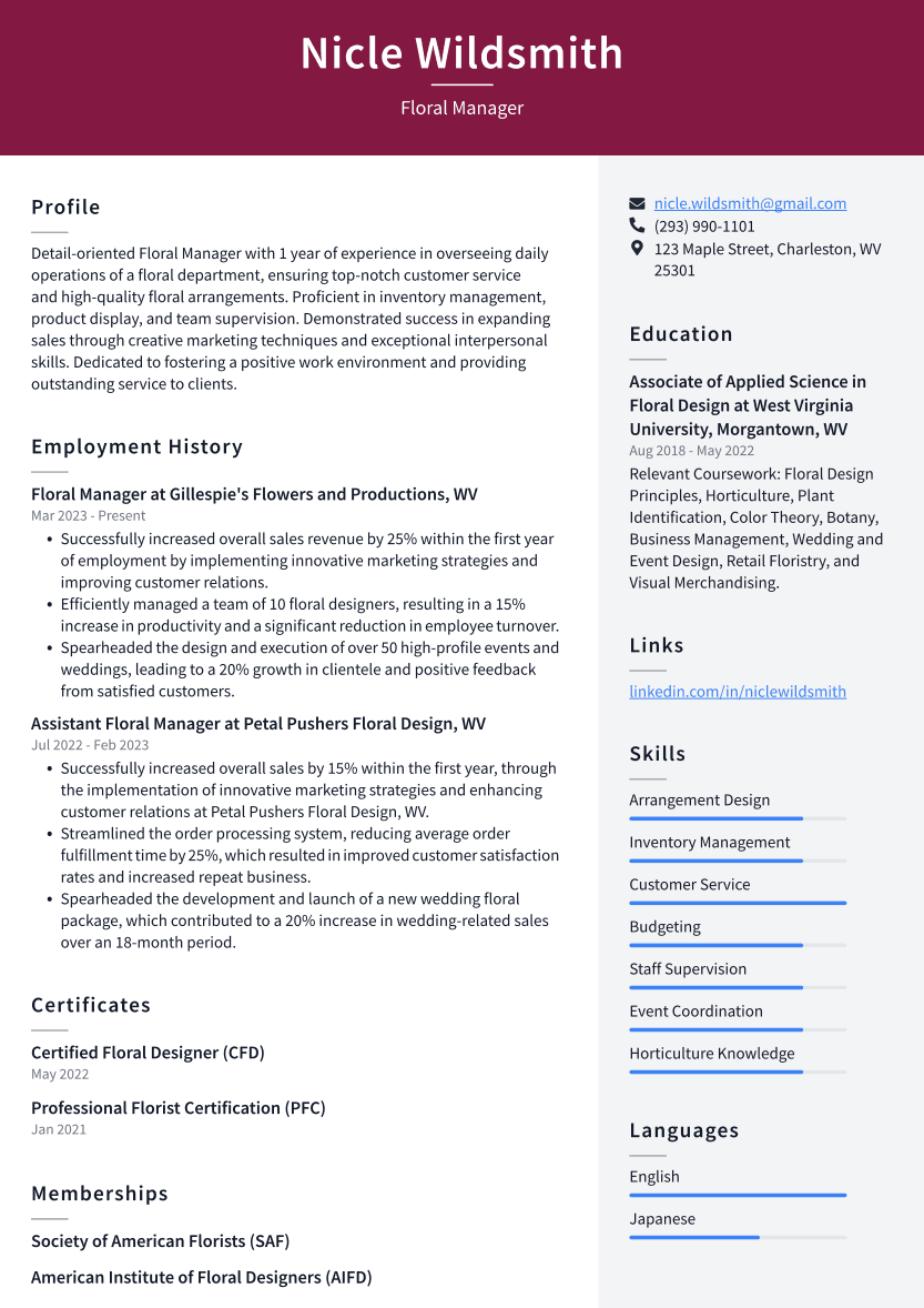 Floral Manager Resume Example