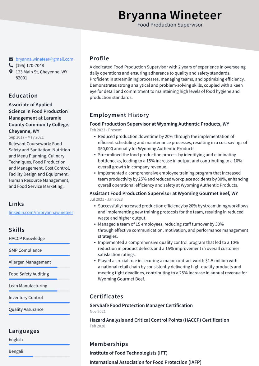 Food Production Supervisor Resume Example