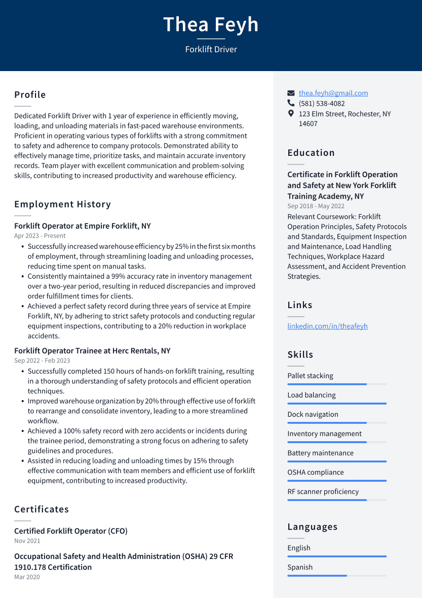 Forklift Driver Resume Example