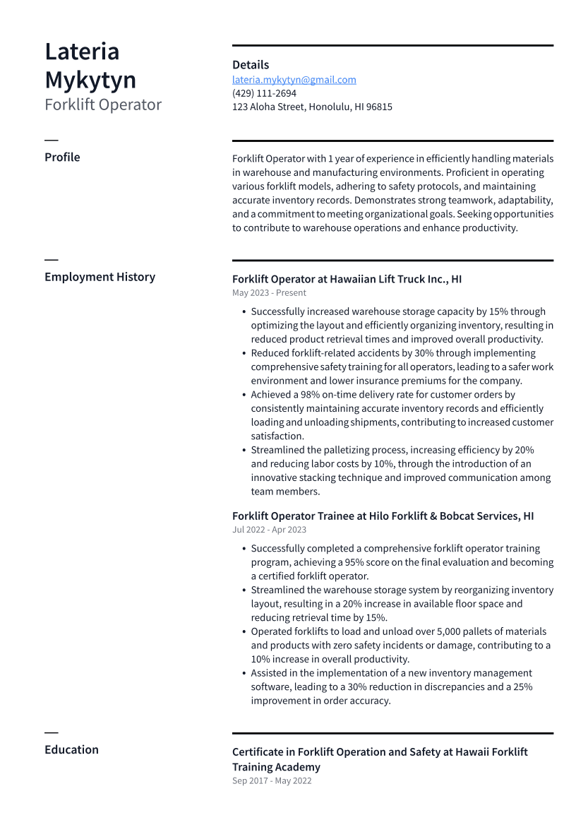 Forklift Operator Resume Example