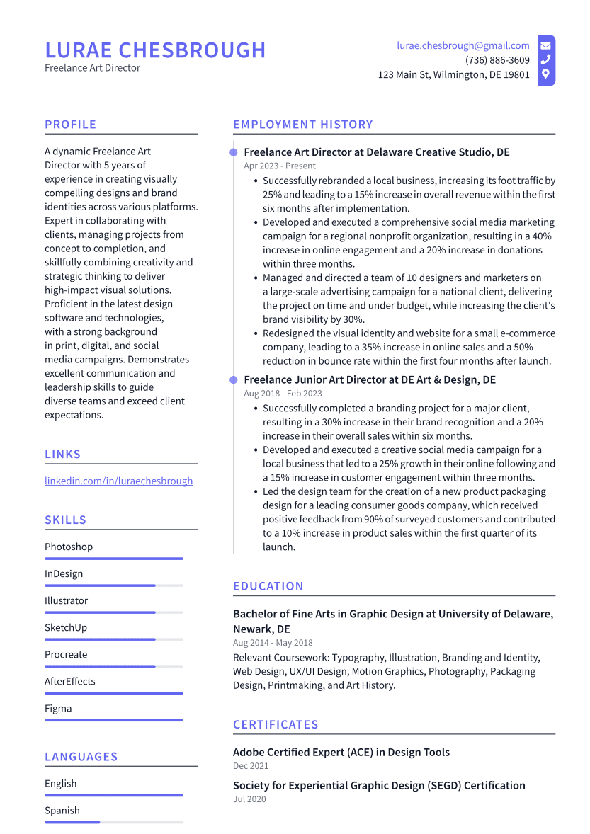 Freelance Art Director Resume Example