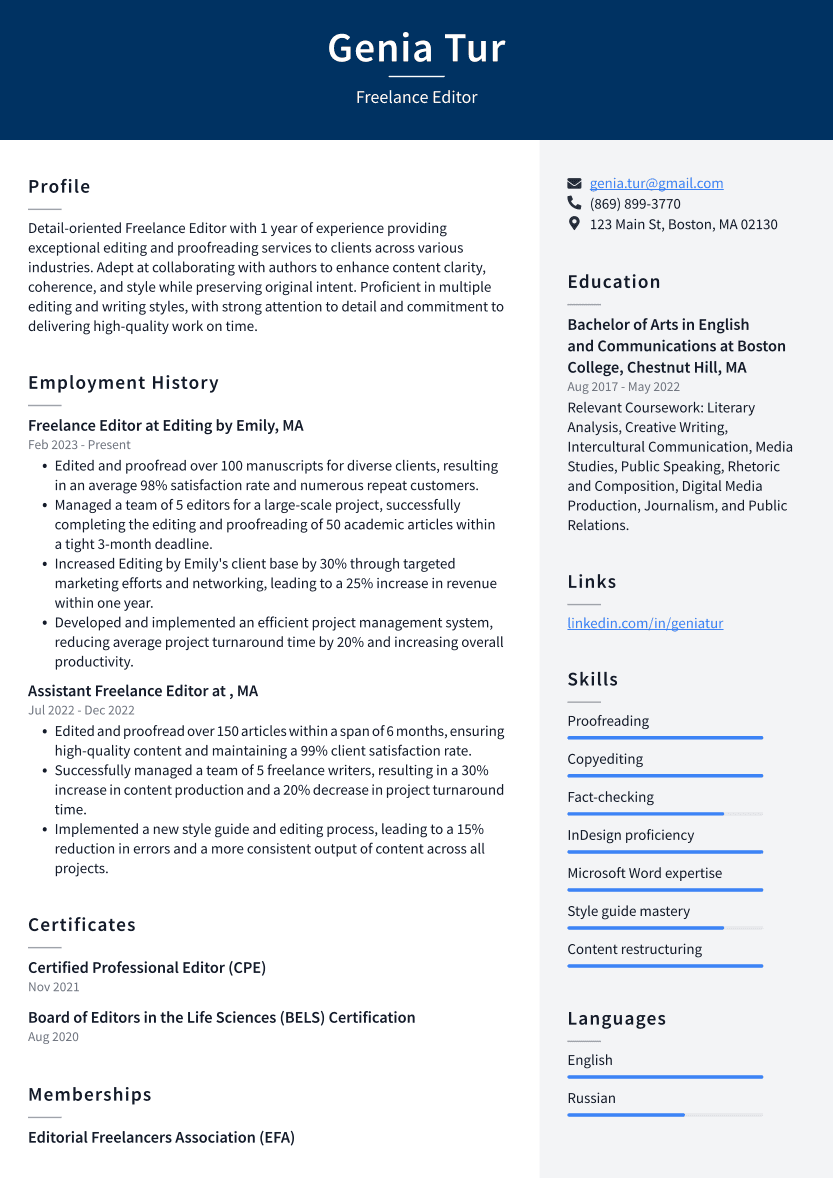 Freelance Editor Resume Example