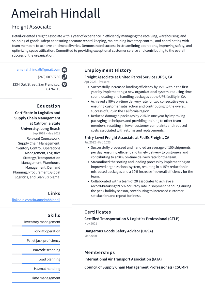 Freight Associate Resume Example