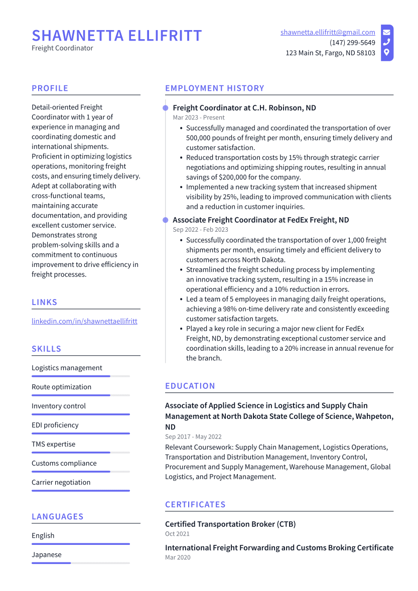 Freight Coordinator Resume Example