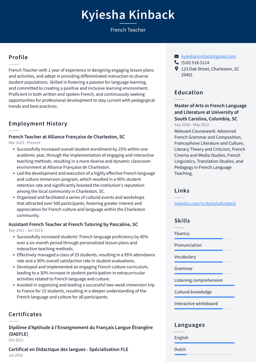 sample resume for french language teacher