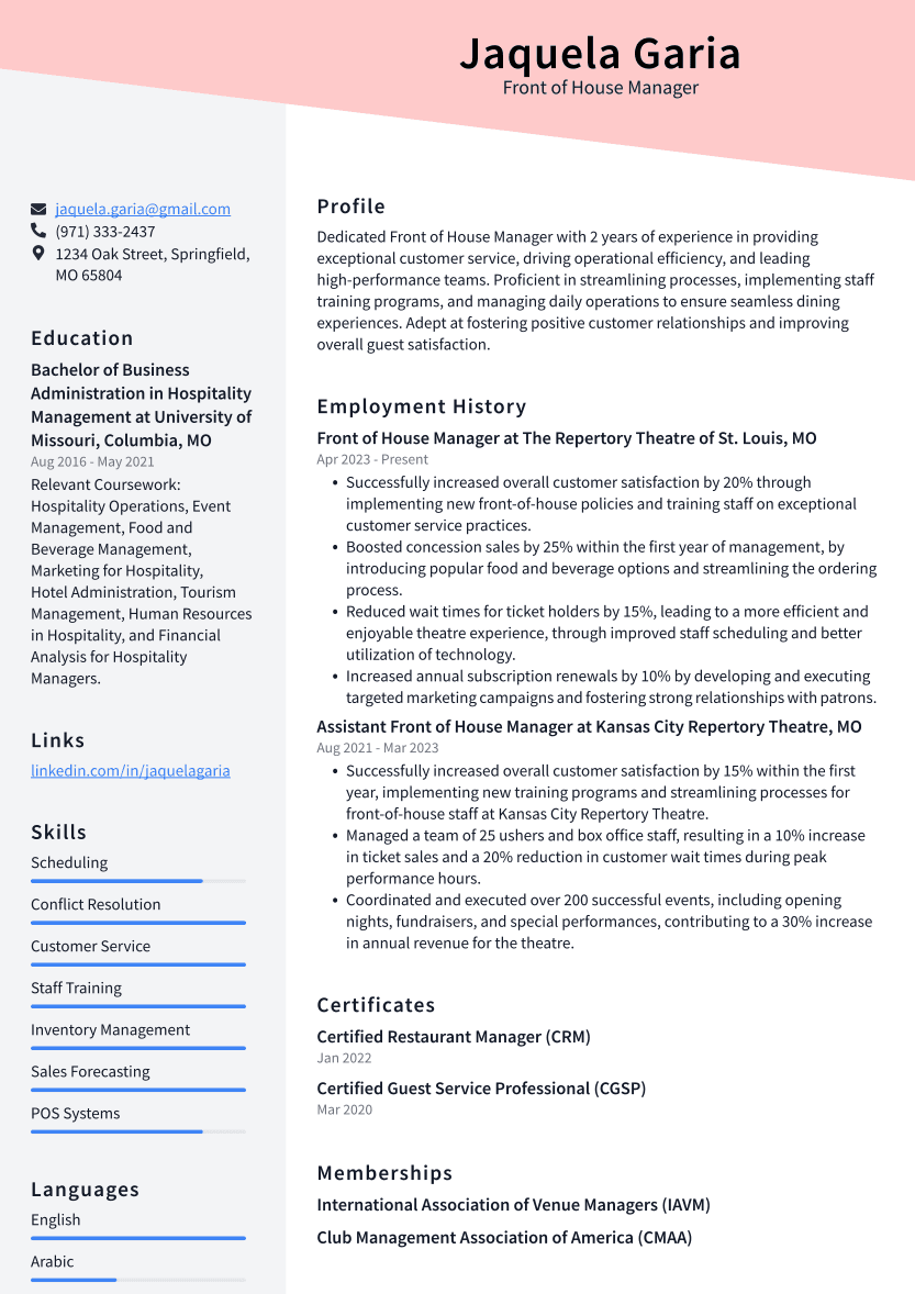 Front of House Manager Resume Example