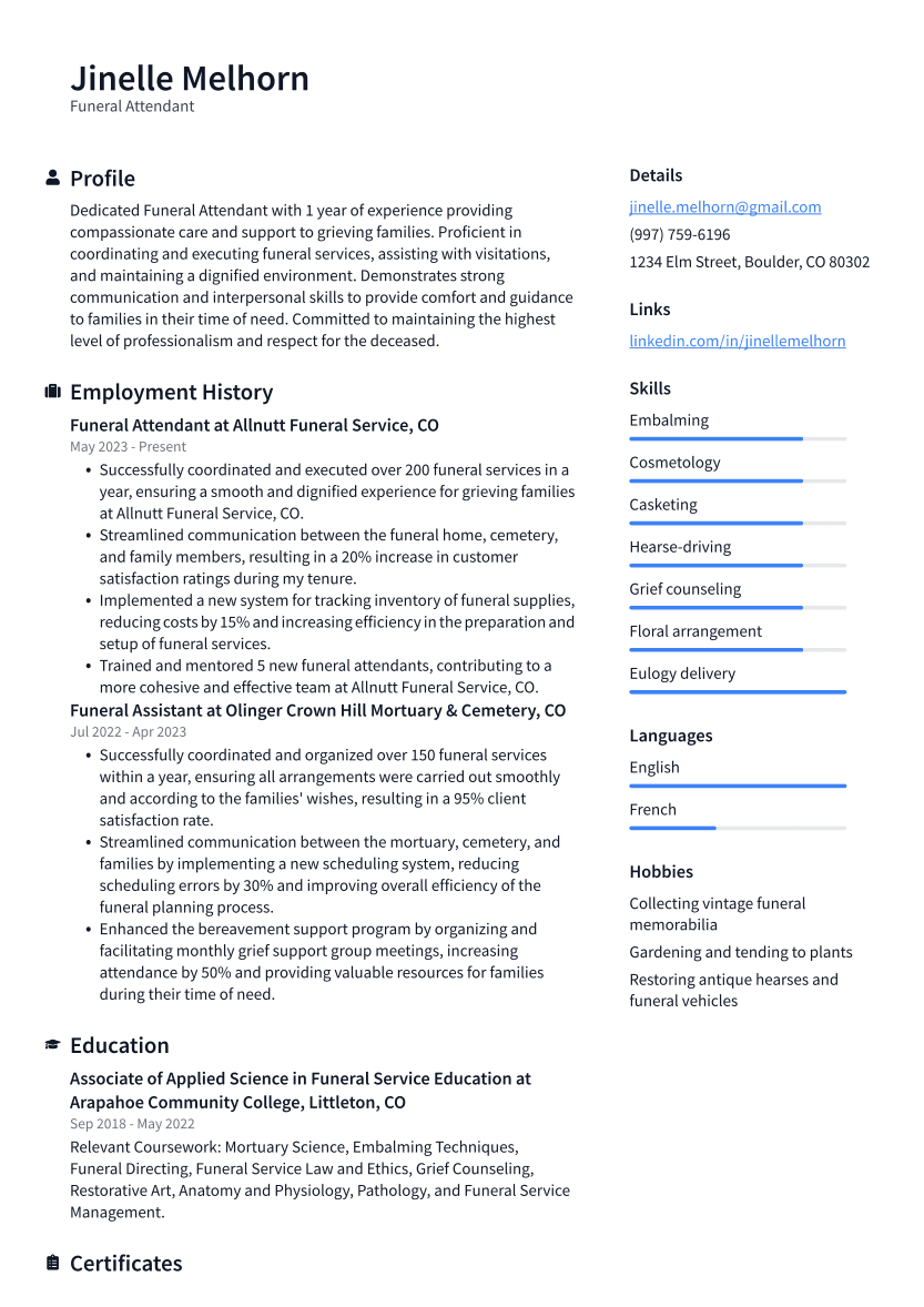 Funeral Attendant Resume Example