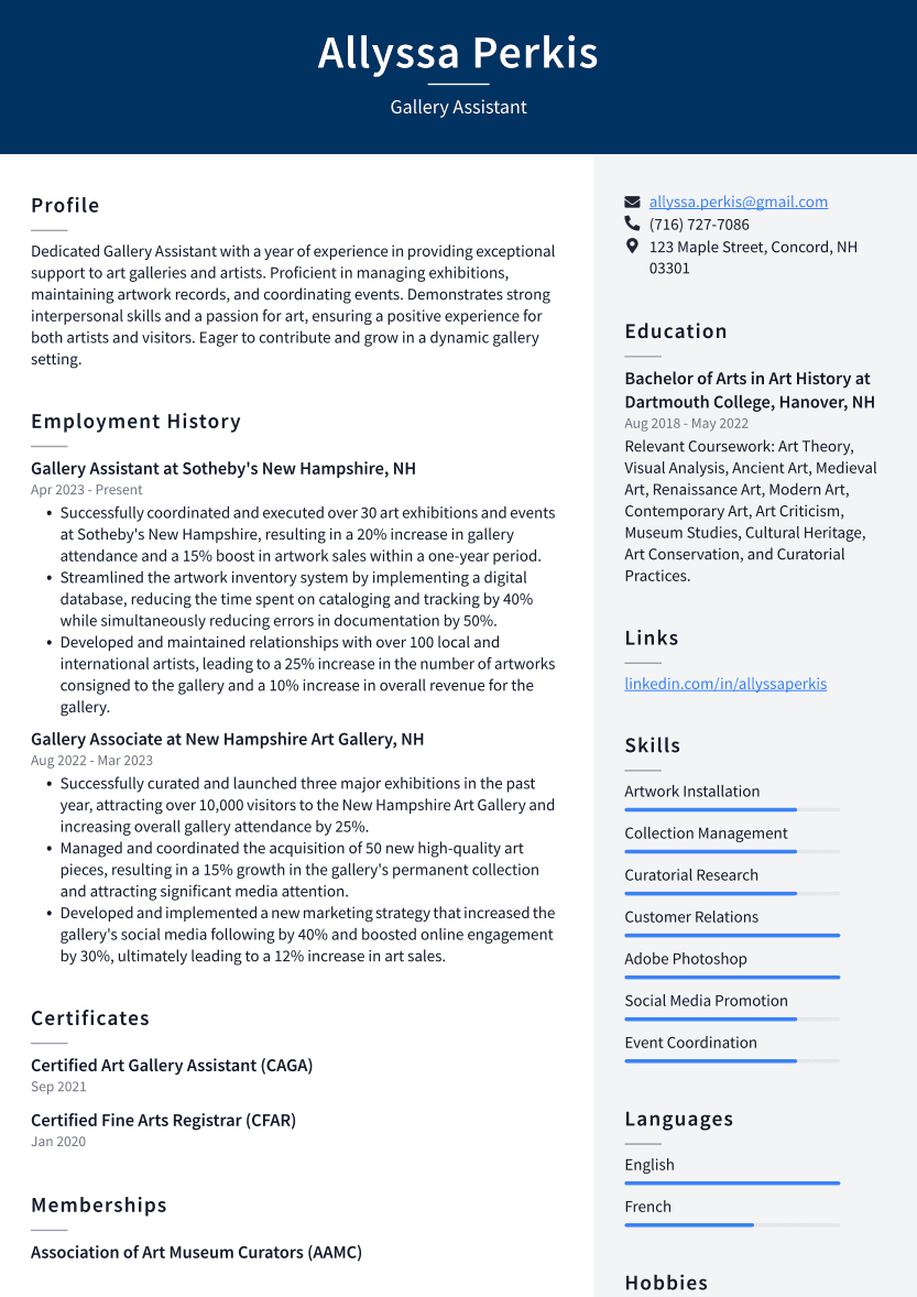 Gallery Assistant Resume Example