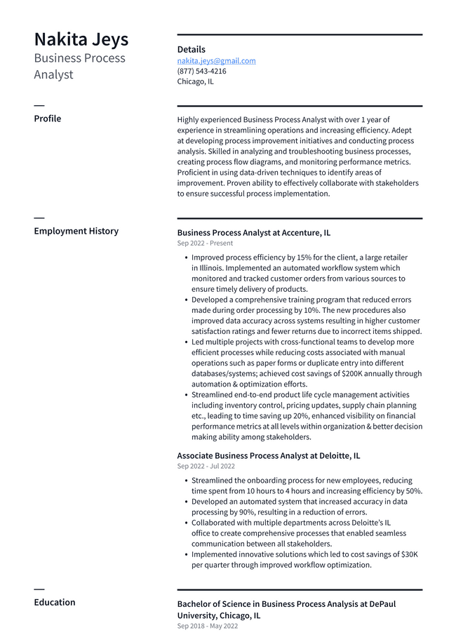 Google Business Process Analyst Resume Example