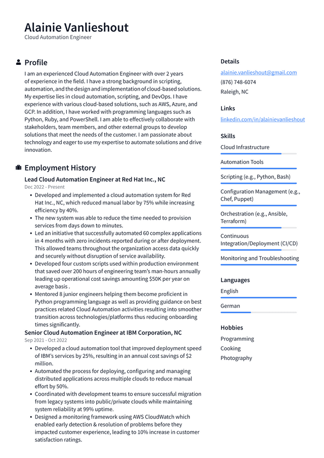 Google Cloud Automation Engineer Resume Example