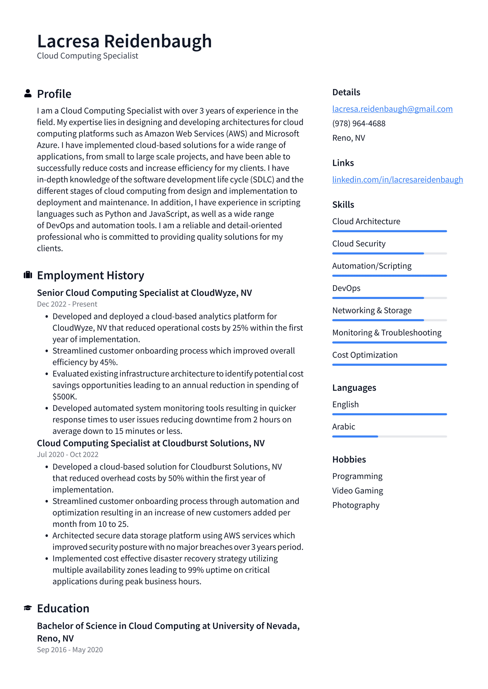 Google Cloud Computing Specialist Resume Examples