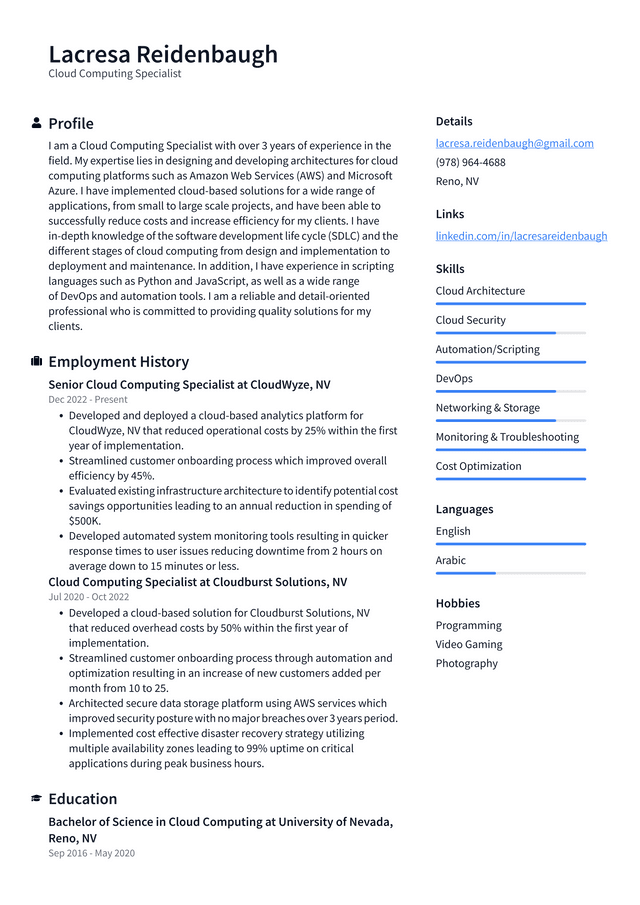 Google Cloud Computing Specialist Resume Example