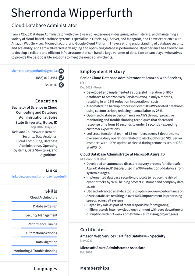 Google Cloud Database Administrator Resume Examples