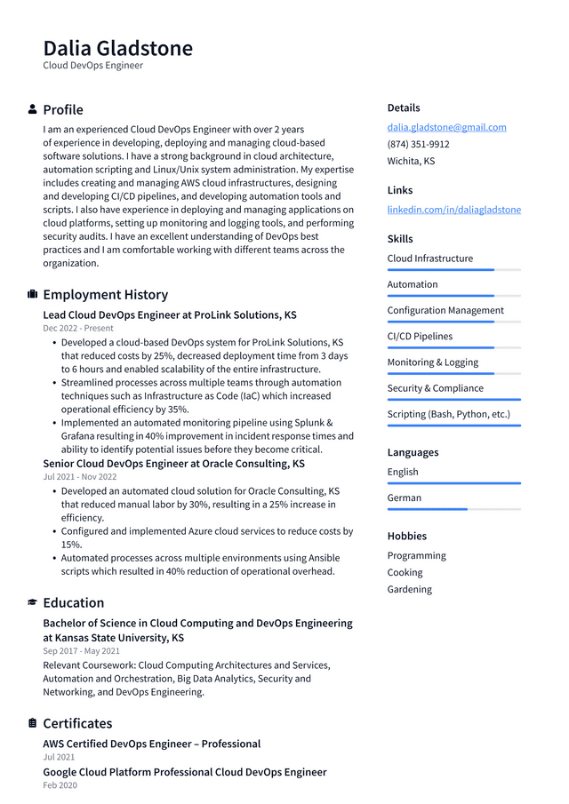 Google Cloud DevOps Engineer Resume Example