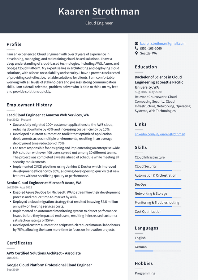 sample resume for google cloud engineer