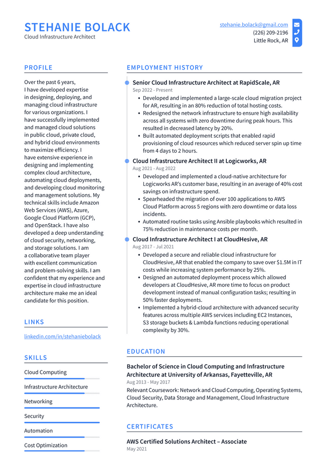 Google Cloud Infrastructure Architect Resume Example