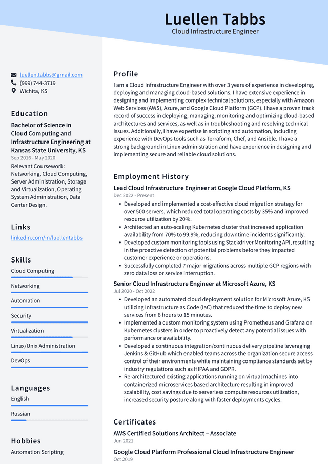 Google Cloud Infrastructure Engineer Resume Example