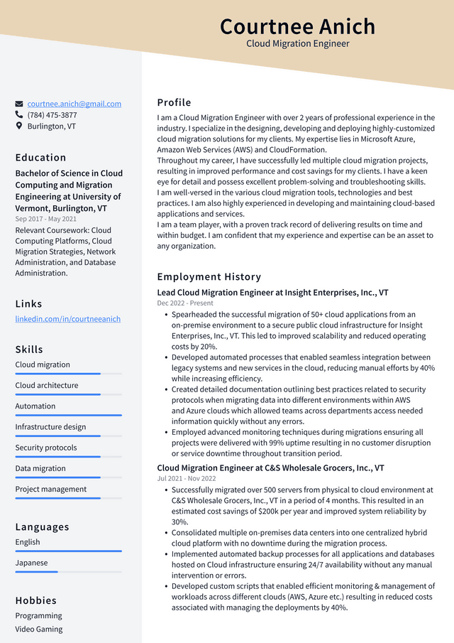 Google Cloud Migration Engineer Resume Example