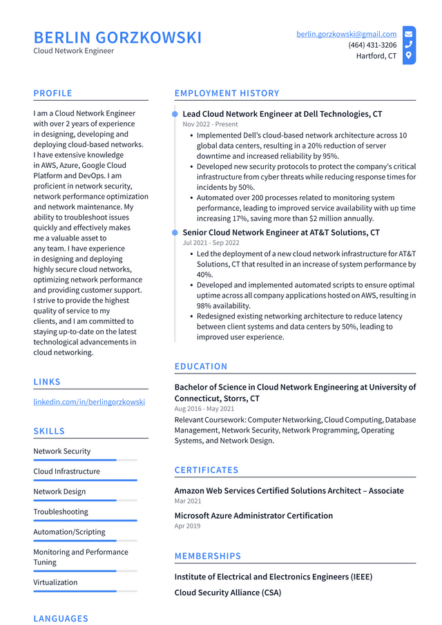 Google Cloud Network Engineer Resume Example